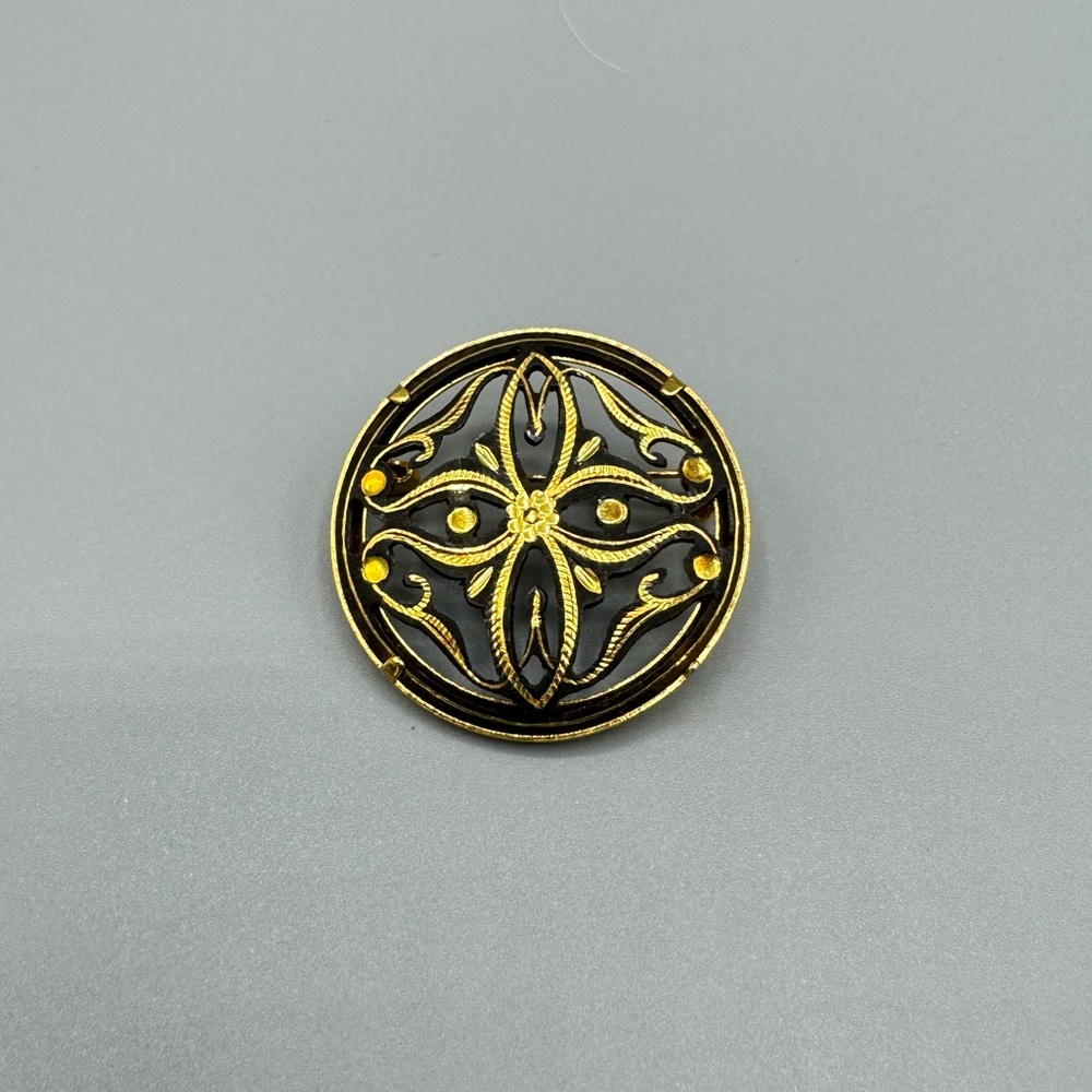Vintage Spanish Damascene Pin Brooch, Ornate Floral Design, Gold &‎ Black